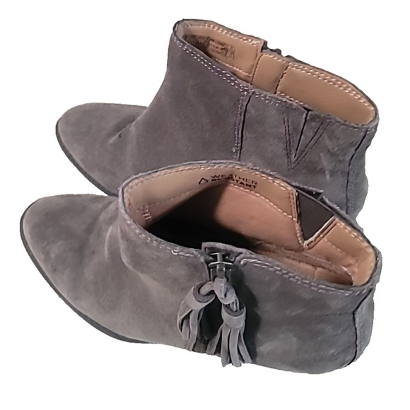 Vionic Womens Ankle Boot Sz 8.5 Suede Taupe Gray Leather Fringe Zip Block Heel - Picture 3 of 16